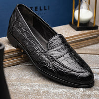Zelli Tuscany Genuine Caiman Crocodile Penny Loafer in Black