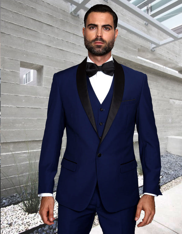 Mens 1 Button Shawl Lapel Vested Wool Wedding - Prom Tuxedo in Sapphire Blue - Mens Slim Fitted Tuxedo