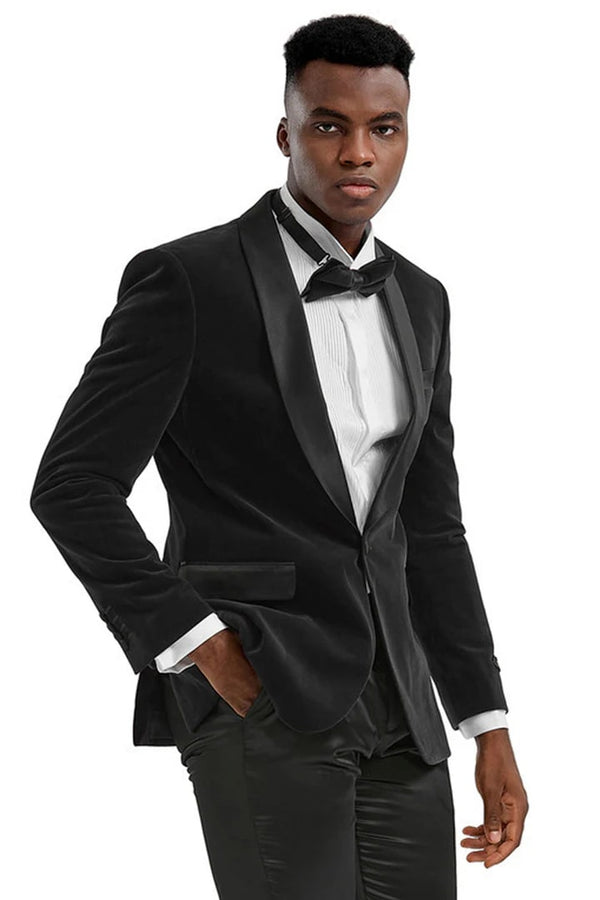 Mens Black Sport Coat - Men's Slim Fit Shawl Lapel Velvet Wedding & Prom Tuxedo Jacket In Black