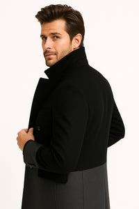Mens Two-Tone Double-Breasted Overcoat in Black and Charcoal Gray Wool Fabric Topcoat