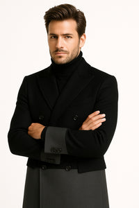 Mens Two-Tone Double-Breasted Overcoat in Black and Charcoal Gray Wool Fabric Topcoat