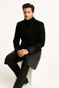 Mens Two-Tone Double-Breasted Overcoat in Black and Charcoal Gray Wool Fabric Topcoat