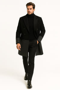 Mens Two-Tone Double-Breasted Overcoat in Black and Charcoal Gray Wool Fabric Topcoat