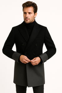 Mens Two-Tone Double-Breasted Overcoat in Black and Charcoal Gray Wool Fabric Topcoat