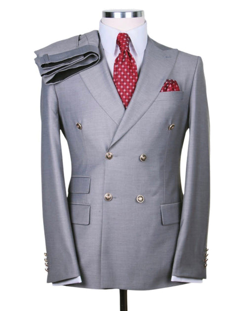 Designer Mens Double Breasted Gold Button Suit in Light Grey