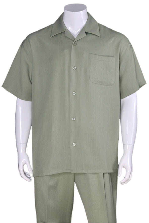 Mens Short Sleeve Casual Summer Walking Suit in Solid Light Olive