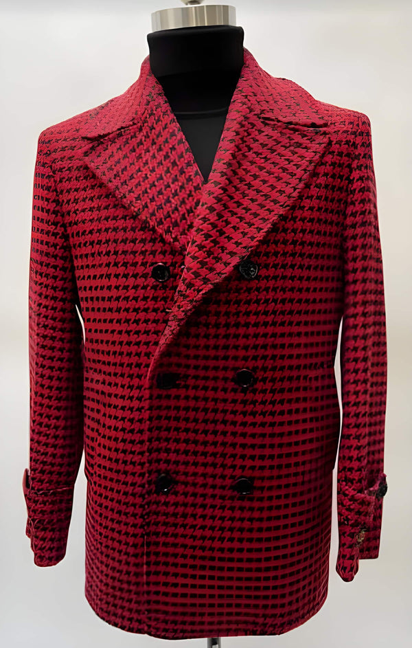 Mens Plaid Overcoat - Hounstooth Checker Pattern Topcoat - Red