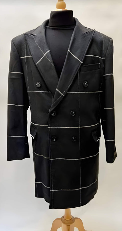 Black Plaid Overcoat - Wool Topcoat With WindowPane Pattern Double Breasted Style