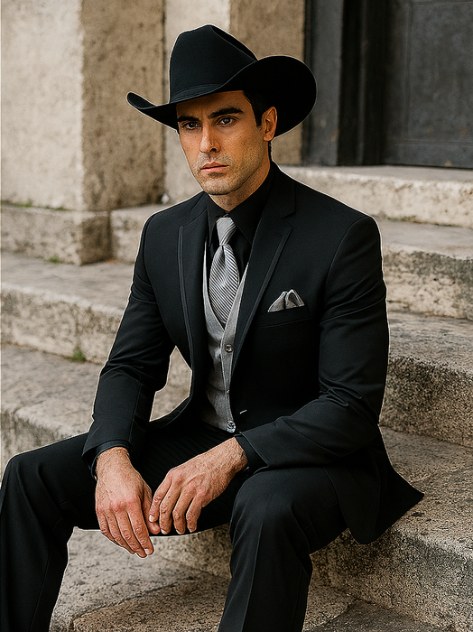 Mens Black Western Tuxedo with Silver Vest & Cowboy Hat Slim Fit Mens Black Western Tuxedo with Silver Vest & Cowboy Hat Slim Fit