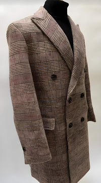 Mens Plaid Overcoat - Hounstooth Checker Pattern Topcoat - Brown