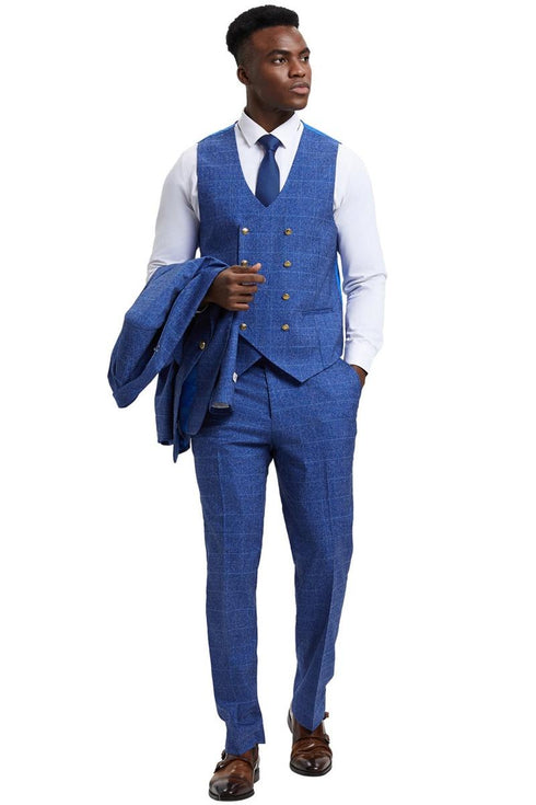 Men's Stacy Adams Peak Lapel Suit with Double Breasted Vest in Blue Windowpane Plaid