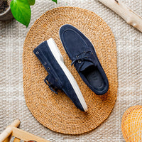 Zelli Venice Hand-Stitched Sueded Goatskin Boat Shoe in Navy