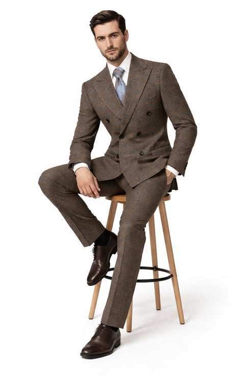 Vintage Suit - Rossiman Suit - Brown and Blue Mix Windowpane Suit - Glen Plaid Suit