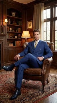 Vitali Mens Blue Tone on Tone Shadow Pinstripe Suit Set – Double Breasted Business Modern Fit Side Vented