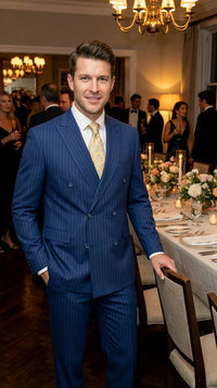 Vitali Mens Blue Tone on Tone Shadow Pinstripe Suit Set – Double Breasted Business Modern Fit Side Vented