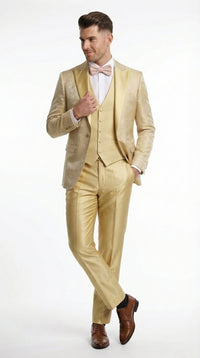 Vitali Mens Yellow Gold Designer Tuxedo Suit Set – Luxury Wedding Prom Formal Tuxedo with Vest Bow Tie in Champaign Color