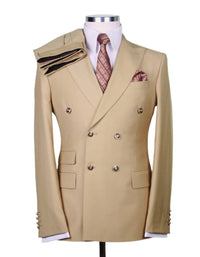 Mens Designer Modern Fit Double Breasted Designer Camel Gold Buttons Suit