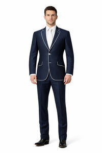 Western Suit - Cowboy Tuxedo With Trim Collar - Slim Fitted Jacket And Pants - Blue and White Tuxedo