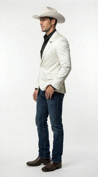 Men’s Shiny White Cowboy Blazer – Western Style Satin Finish Blazer for Party, Country Events and Evening Wear