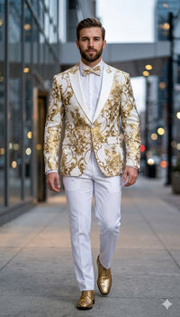 Mens White and Gold Floral Tuxedo Jacket with Satin Lapel – Luxury Prom, Wedding, and Formal Dinner Blazer