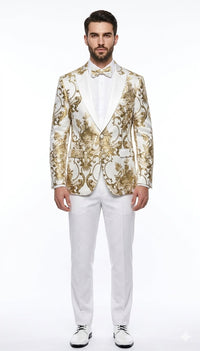 Mens White and Gold Floral Tuxedo Jacket with Satin Lapel – Luxury Prom, Wedding, and Formal Dinner Blazer