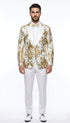 Mens White and Gold Floral Tuxedo Jacket with Satin Lapel – Luxury Prom, Wedding, and Formal Dinner Blazer