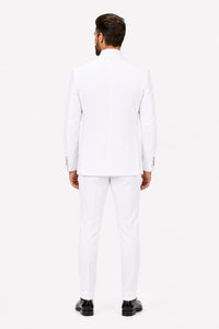 Men's White Statement Ticket Pocket Peak Lapel Wool Double Breasted Vest Suit with Gold Buttons – Modern Fit