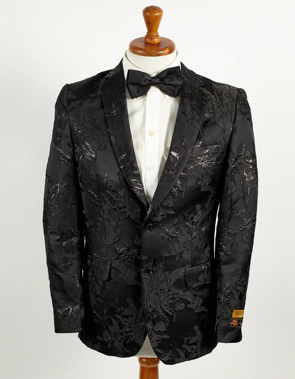 Mens 2 Button Black Shiny Floral Paisley Prom and Wedding Blazer