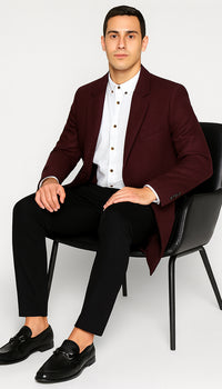 Wool Burgundy ~ Wine Chest Pocket Car Coat ~ Designer men's Wool Peacoat Sale