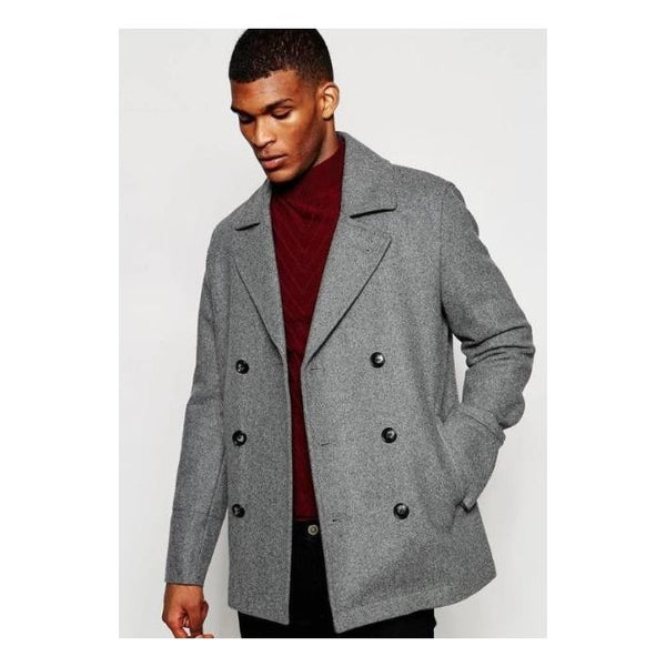 Mens Peacoat Slim Fit - Fitted Wool Peacoat - Slim Cut-Light Grey Wine