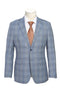 Mens Designer Two Button Slim Fit Notch Lapel Wool Suit in Light Grey & Blue Windowpane Plaid