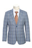 Mens Designer Two Button Slim Fit Notch Lapel Wool Suit in Light Grey & Blue Windowpane Plaid