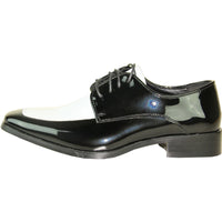 Bravo Mens Classic Moc Toe Shiny Patent Tuxedo Prom Shoe in Black & White