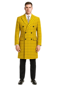 Mens Plaid Overcoat - Wool Peacoat - Plaid Topcoats Yellow