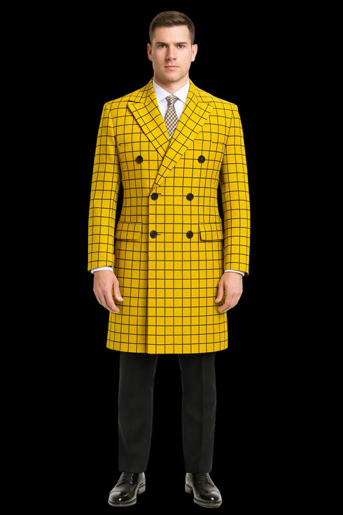 Mens Plaid Overcoat - Wool Peacoat - Plaid Topcoats Yellow