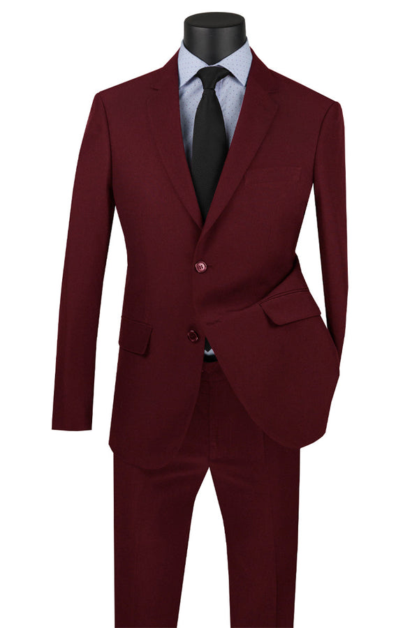 Mens Basic 2 Button Classic Fit Poplin Suit in Burgundy