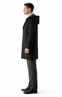Hooded Dress Coat Wool Wool Black ~ Charcoal Winter Coat  OvercoatUSA