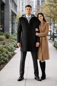Hooded Dress Coat Wool Black ~ Charcoal Winter Coat Mens Topcoat
