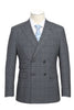 Mens Designer Slim Fit Double Breasted Suit in Light Grey Windowpane Plaid Check