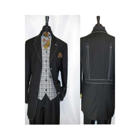 Grey trimmed single breasted vested belted back black suit for men