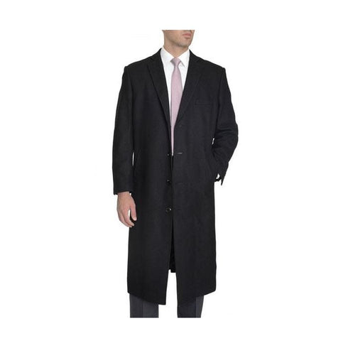 Mens Single Breasted Full Length Wool Cashmere Black Overcoat