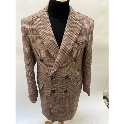 Brown Mens Plaid Overcoat - Hounstooth Checker Pattern Topcoat