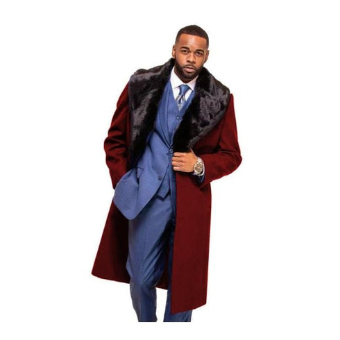 Burgundy Overcoat Long Men s Dress Topcoat Winter Coat With Fur Co OvercoatUSA