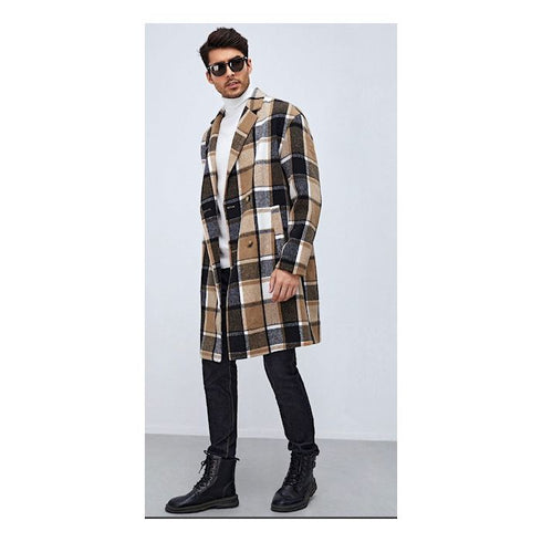 Camel and Tan Mens Plaid Overcoat Hounstooth Checker Pattern Topcoat