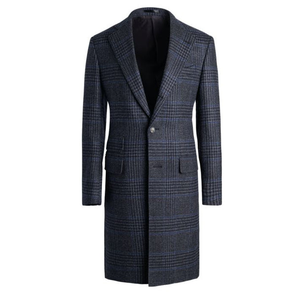 Charcoal Grey with Blue Plaid Overcoat- Windowpane Heavy Winter Fabric Topcoat Wool Fabric