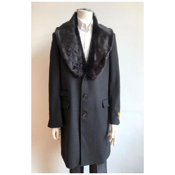 Men's Black Fur Collar Two Flap Front Pockets Full Length Wool Men's Carcoat - Car Coat Mid Length Three Quarter Length Coat