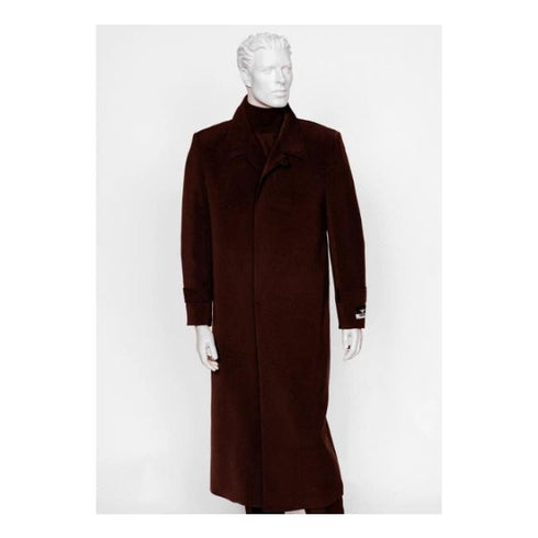 Mens Burgundy 4 Buttons Notch Lapel Full Length All Weather Coat Duster Maxi Coat