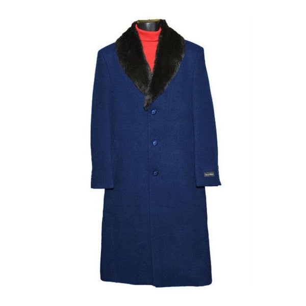 Mens Dress Coat Fur Collar Navy Blue Full Length Overcoat ~ Long Mens coat