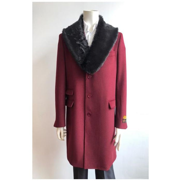 Men's Burgundy Fur Collar Two Flap Front Pockets Full Length Wool Men's Carcoat - Car Coat Mid Length Three Quarter Length Coat