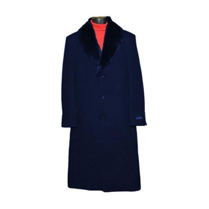 Mens Dress Coat Dark Blue Fur Collar Black Wool Blend Full Length Overcoat  – OvercoatUSA